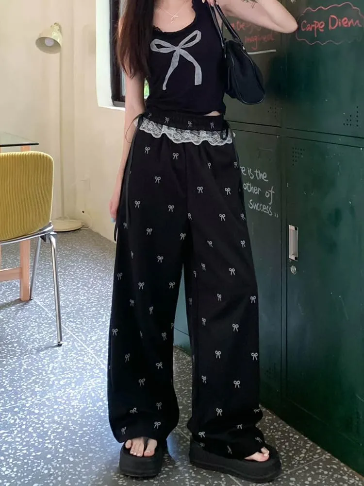 PDLCVD Y2K Wide Leg Pants Women High Waisted Lounge Palazzo Pants Bow Print Lace Trim Elastic Waist Trouser with Pockets