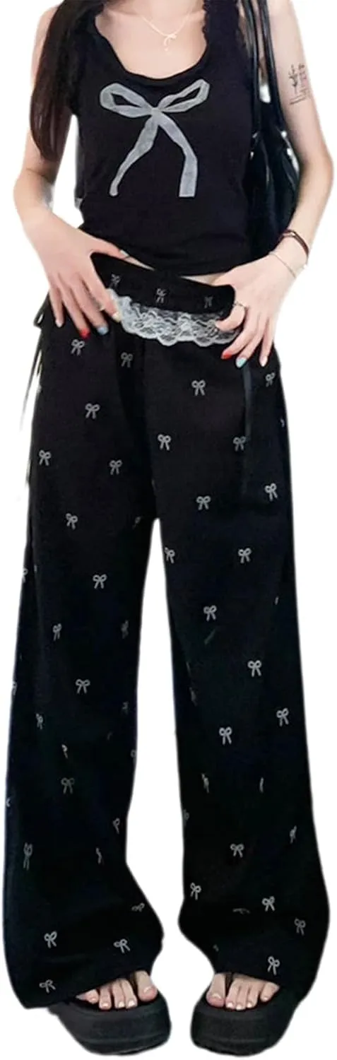 PDLCVD Y2K Wide Leg Pants Women High Waisted Lounge Palazzo Pants Bow Print Lace Trim Elastic Waist Trouser with Pockets