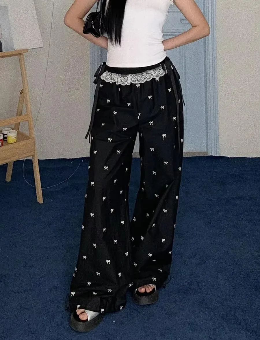 PDLCVD Y2K Wide Leg Pants Women High Waisted Lounge Palazzo Pants Bow Print Lace Trim Elastic Waist Trouser with Pockets