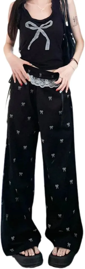 PDLCVD Y2K Wide Leg Pants Women High Waisted Lounge Palazzo Pants Bow Print Lace Trim Elastic Waist Trouser with Pockets