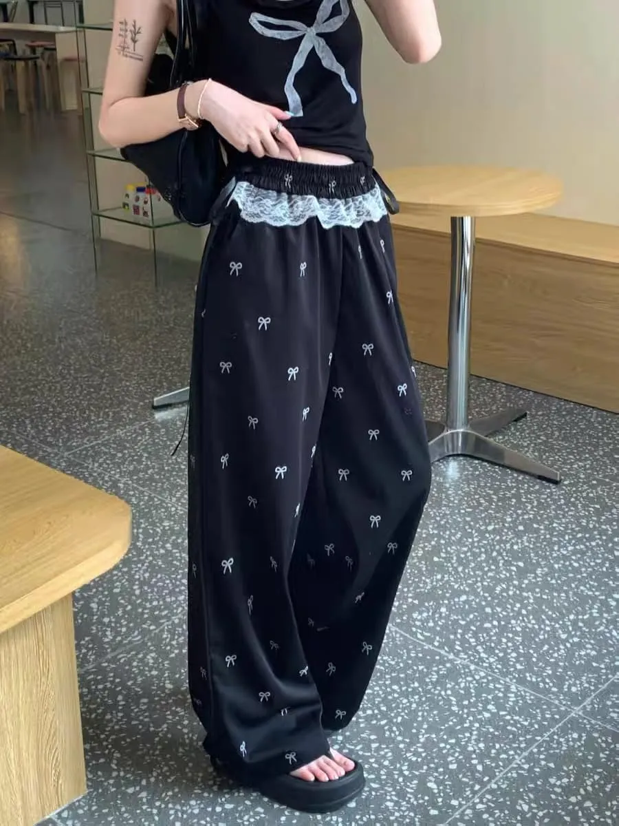 PDLCVD Y2K Wide Leg Pants Women High Waisted Lounge Palazzo Pants Bow Print Lace Trim Elastic Waist Trouser with Pockets