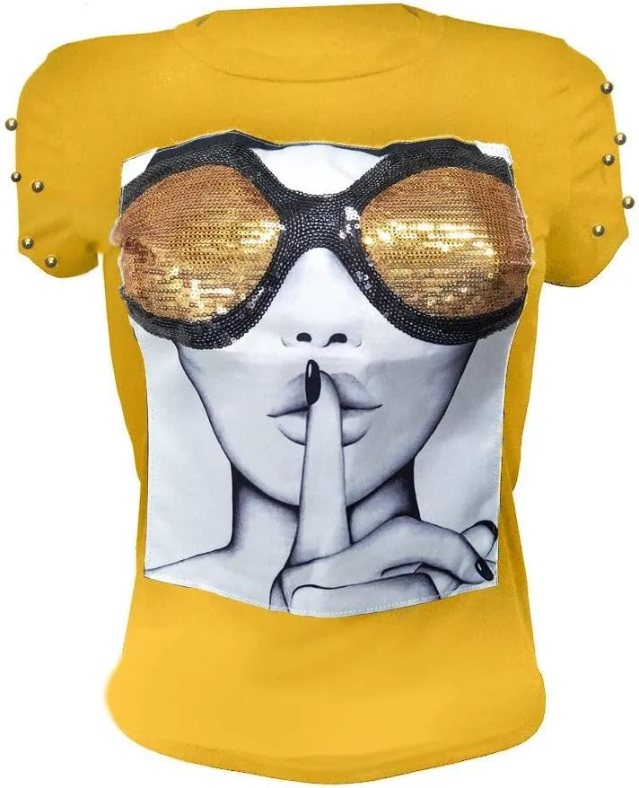 PESION Womens Short Sleeve T-Shirt Sequined Tops O-Neck Funny Graphic Tees Blouse