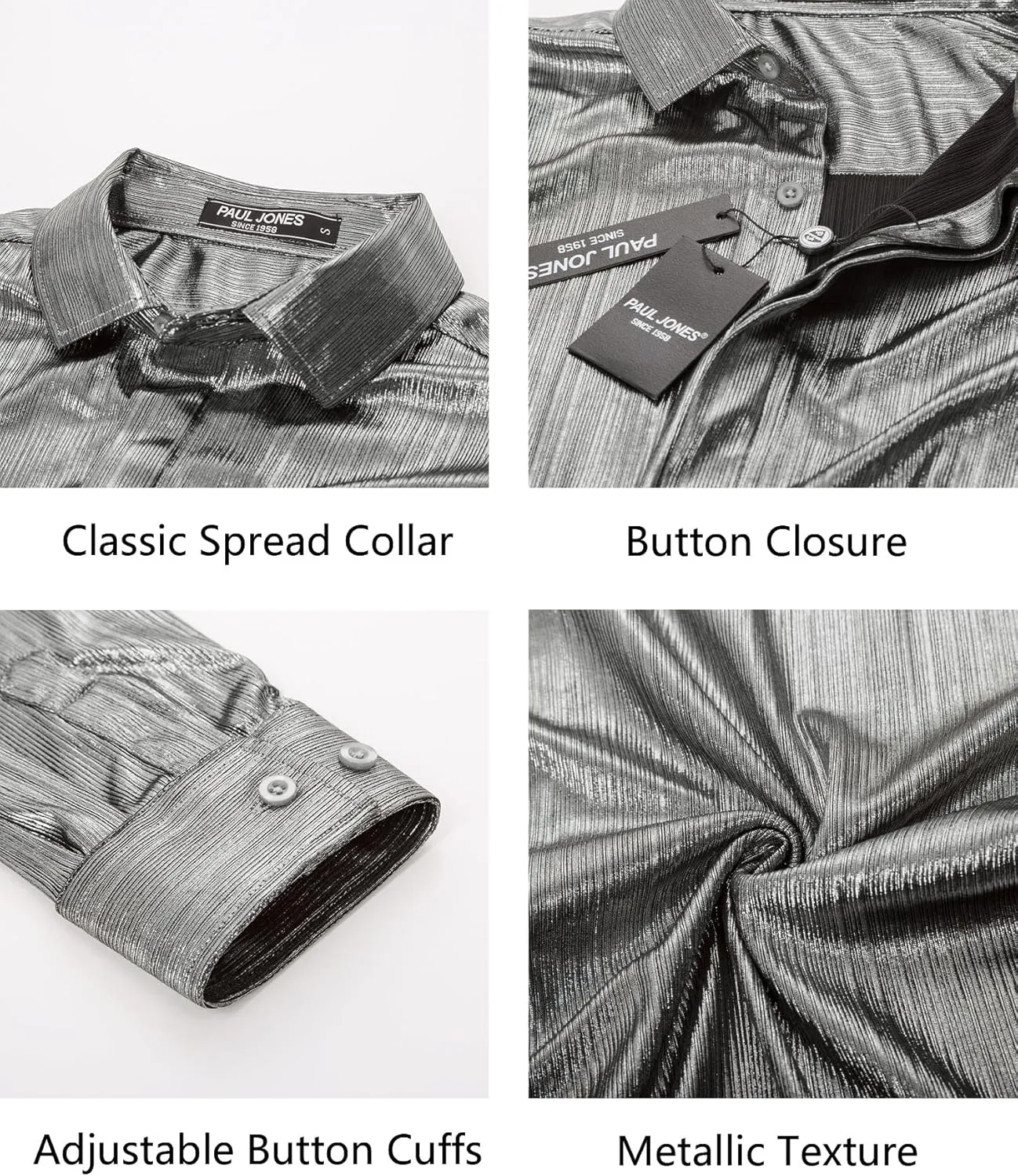 PJ PAUL JONES Men's 70s Disco Shirts Luxury Metallic Sequins Button Down Long Sleeve Party Shirt Nightclub Costume Tops
