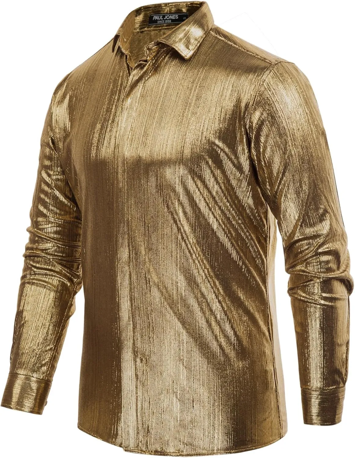 PJ PAUL JONES Men's 70s Disco Shirts Luxury Metallic Sequins Button Down Long Sleeve Party Shirt Nightclub Costume Tops