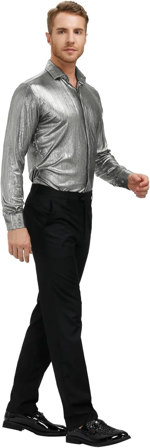 PJ PAUL JONES Men's 70s Disco Shirts Luxury Metallic Sequins Button Down Long Sleeve Party Shirt Nightclub Costume Tops