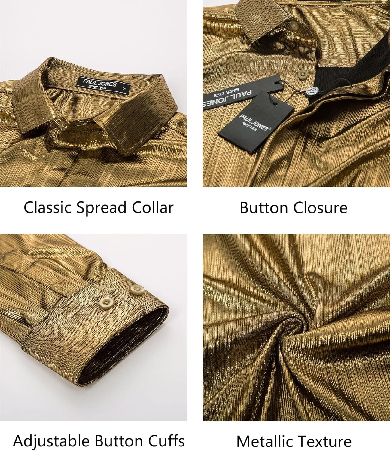 PJ PAUL JONES Men's 70s Disco Shirts Luxury Metallic Sequins Button Down Long Sleeve Party Shirt Nightclub Costume Tops