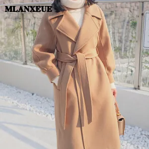 Plus size loose warm wool blends long winter coat turn-down collar adjustable belt wool coats women office work wear elegant