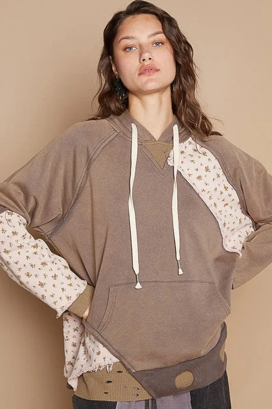 POL Floral Patchwork Distressed Drawstring Hoodie