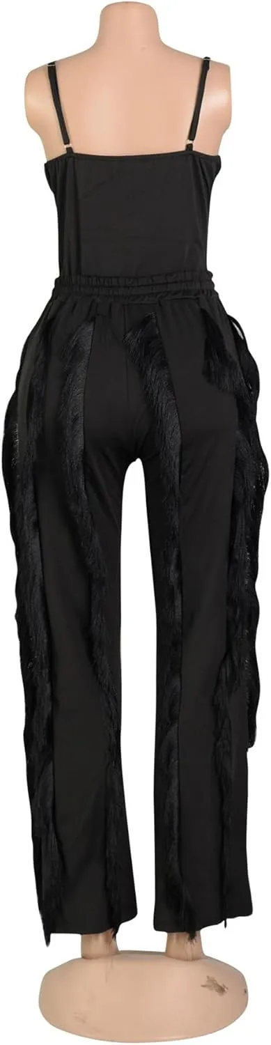 PRIVIMIX Women 2 Piece Outfits Fringe Tassel Long Pants Set Adjustable Suspenders Bodysuit Spaghetti Strap Clubwear Jumpsuits