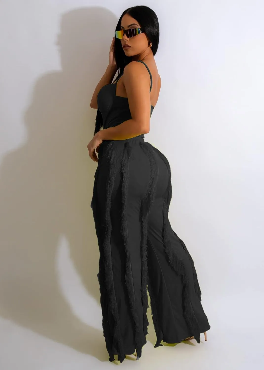 PRIVIMIX Women 2 Piece Outfits Fringe Tassel Long Pants Set Adjustable Suspenders Bodysuit Spaghetti Strap Clubwear Jumpsuits