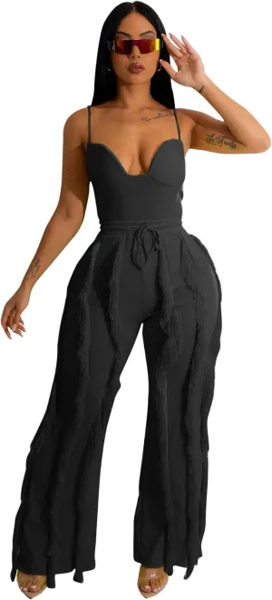 PRIVIMIX Women 2 Piece Outfits Fringe Tassel Long Pants Set Adjustable Suspenders Bodysuit Spaghetti Strap Clubwear Jumpsuits