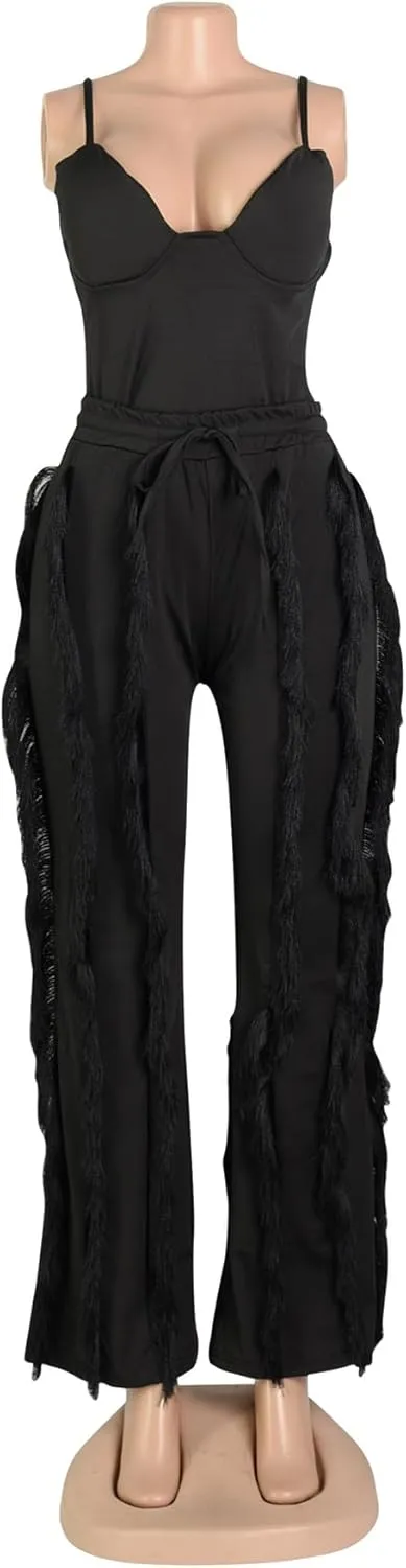PRIVIMIX Women 2 Piece Outfits Fringe Tassel Long Pants Set Adjustable Suspenders Bodysuit Spaghetti Strap Clubwear Jumpsuits