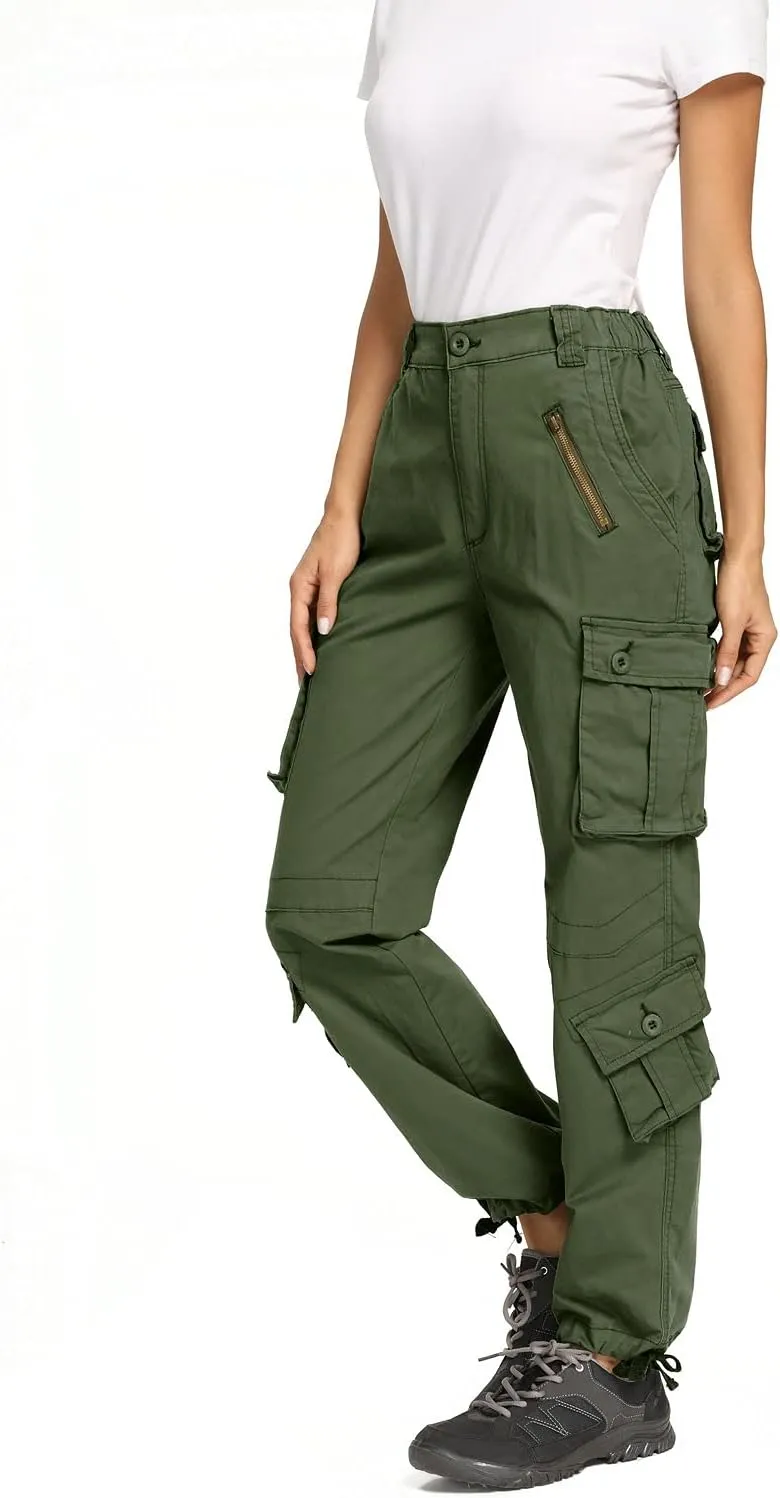 Raroauf Women's Causal Cotton Cargo Pants Military Combat Workwear Capri Pants with 8 Pockets