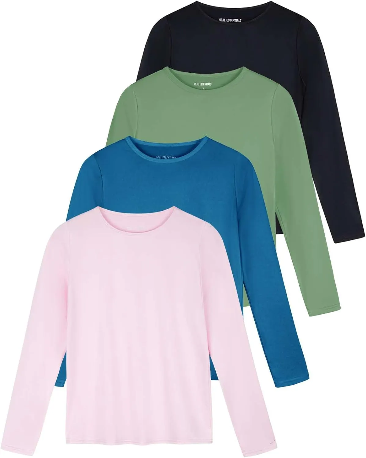 Real Essentials 4 Pack: Women's Dry-Fit Tech Stretch Long-Sleeve Athletic Workout T-Shirt (Available in Plus Size)