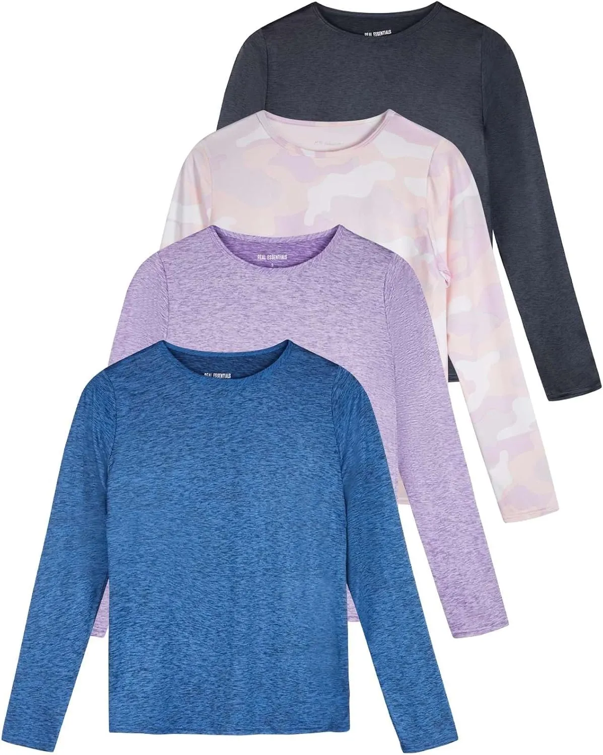 Real Essentials 4 Pack: Women's Dry-Fit Tech Stretch Long-Sleeve Athletic Workout T-Shirt (Available in Plus Size)