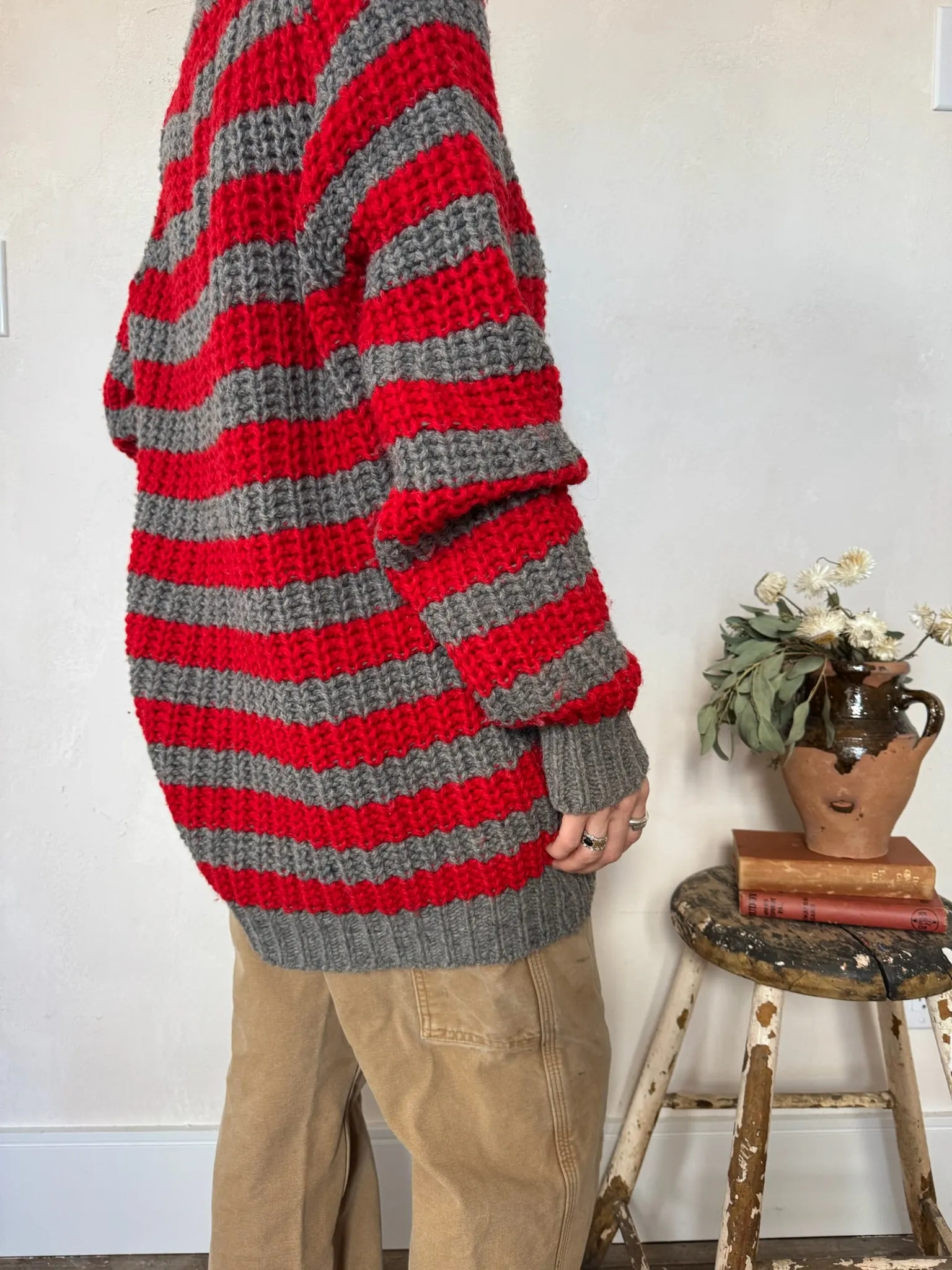 Red   Grey Striped Wool Sweater