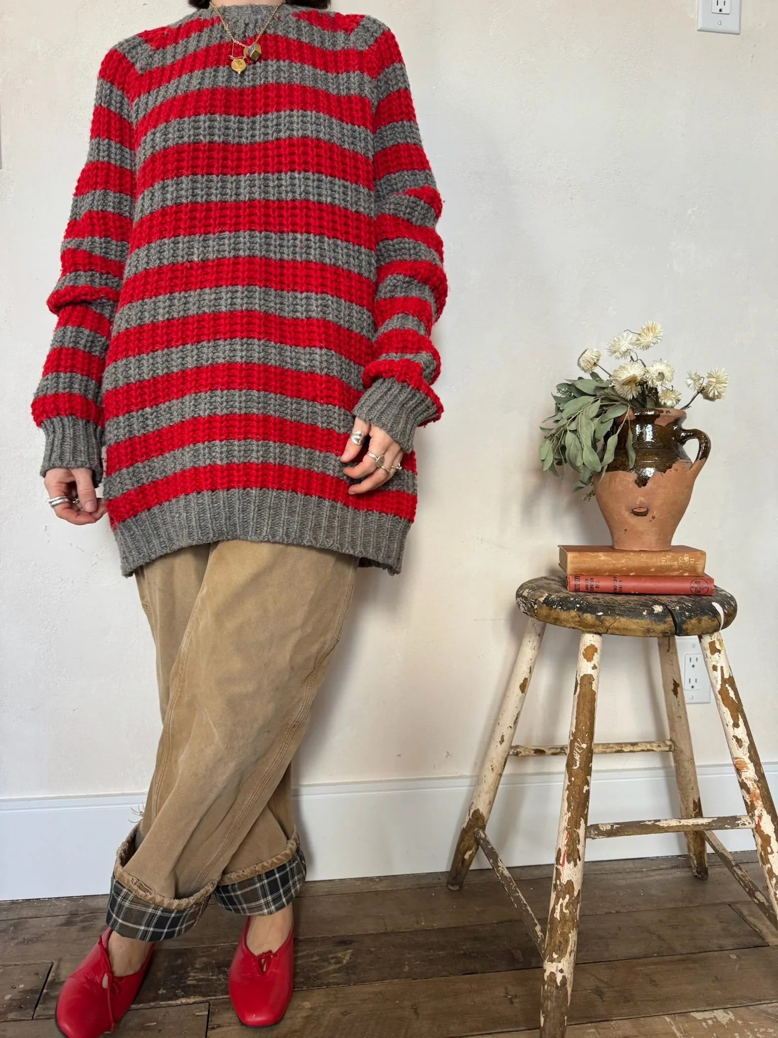 Red   Grey Striped Wool Sweater