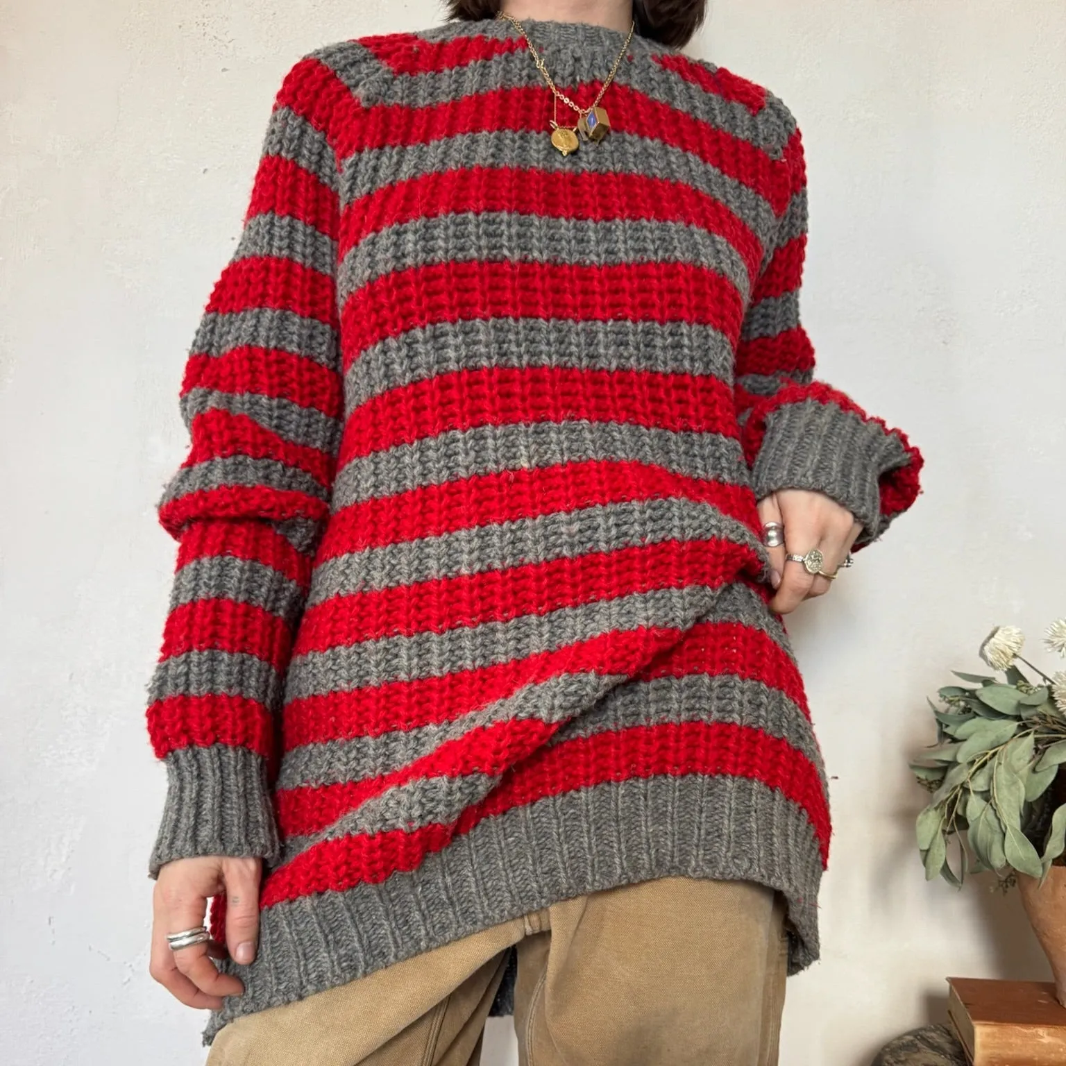 Red   Grey Striped Wool Sweater