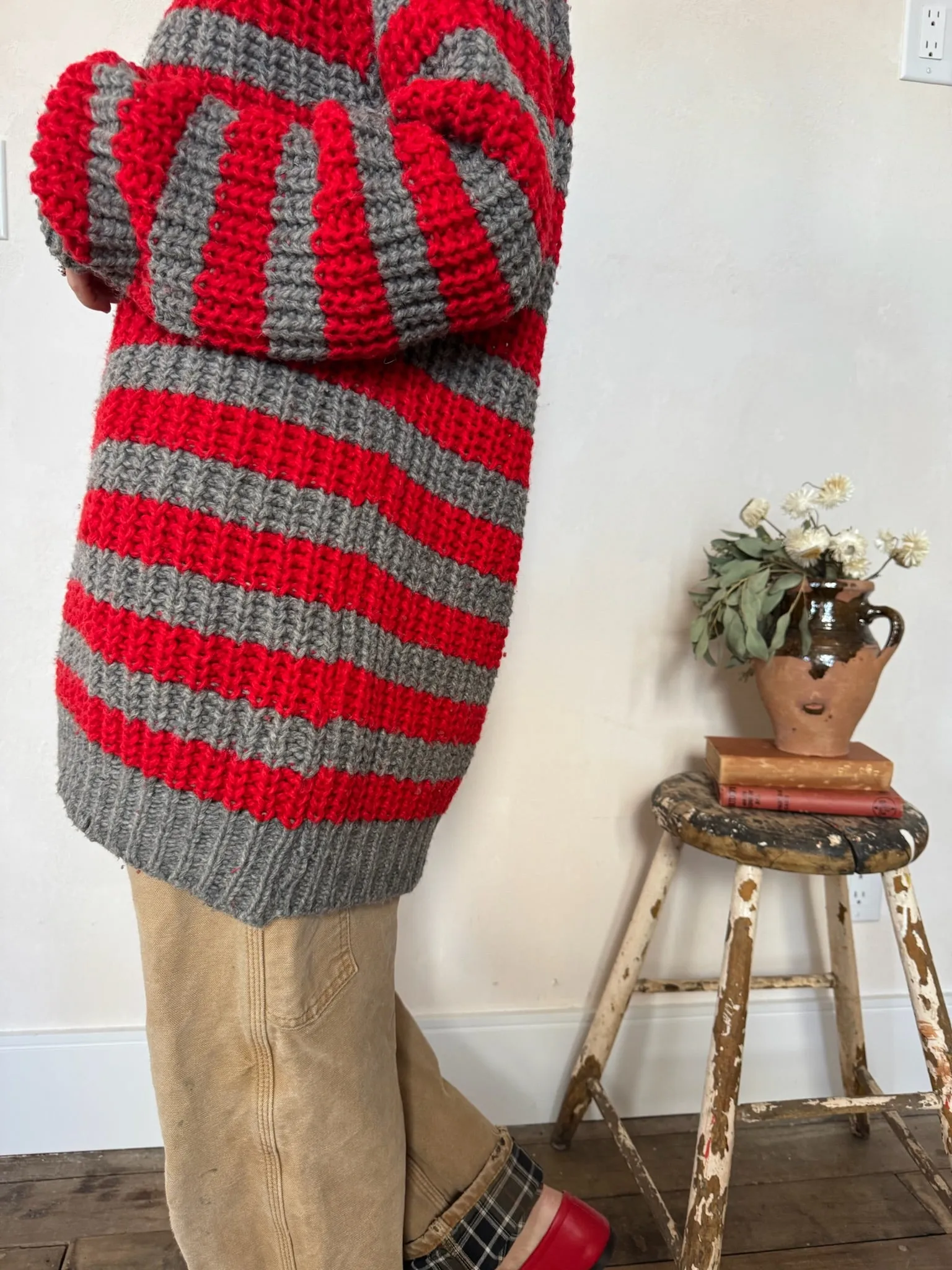 Red   Grey Striped Wool Sweater