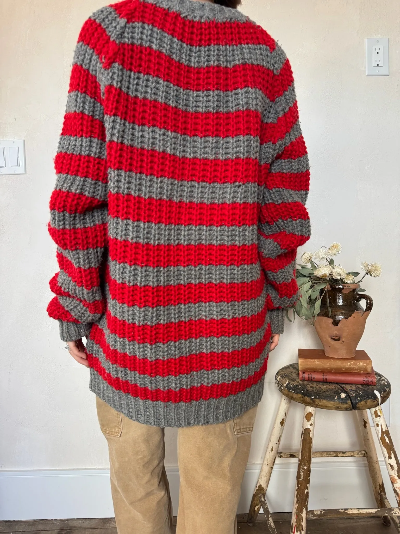 Red   Grey Striped Wool Sweater