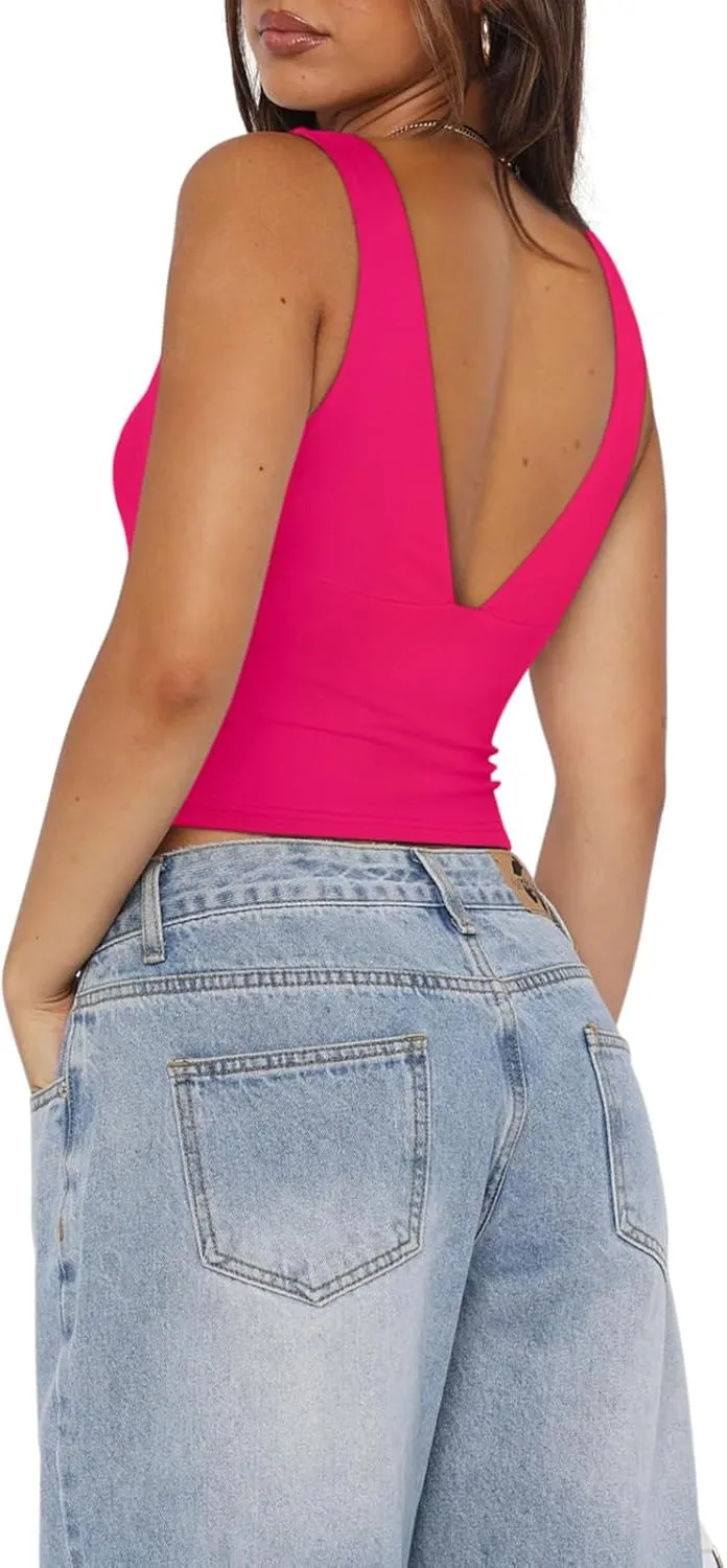 REORIA Women's Sexy Plunge Deep V Neck Sleeveless V Backless Tank Top Workout Yoga Crop Tops