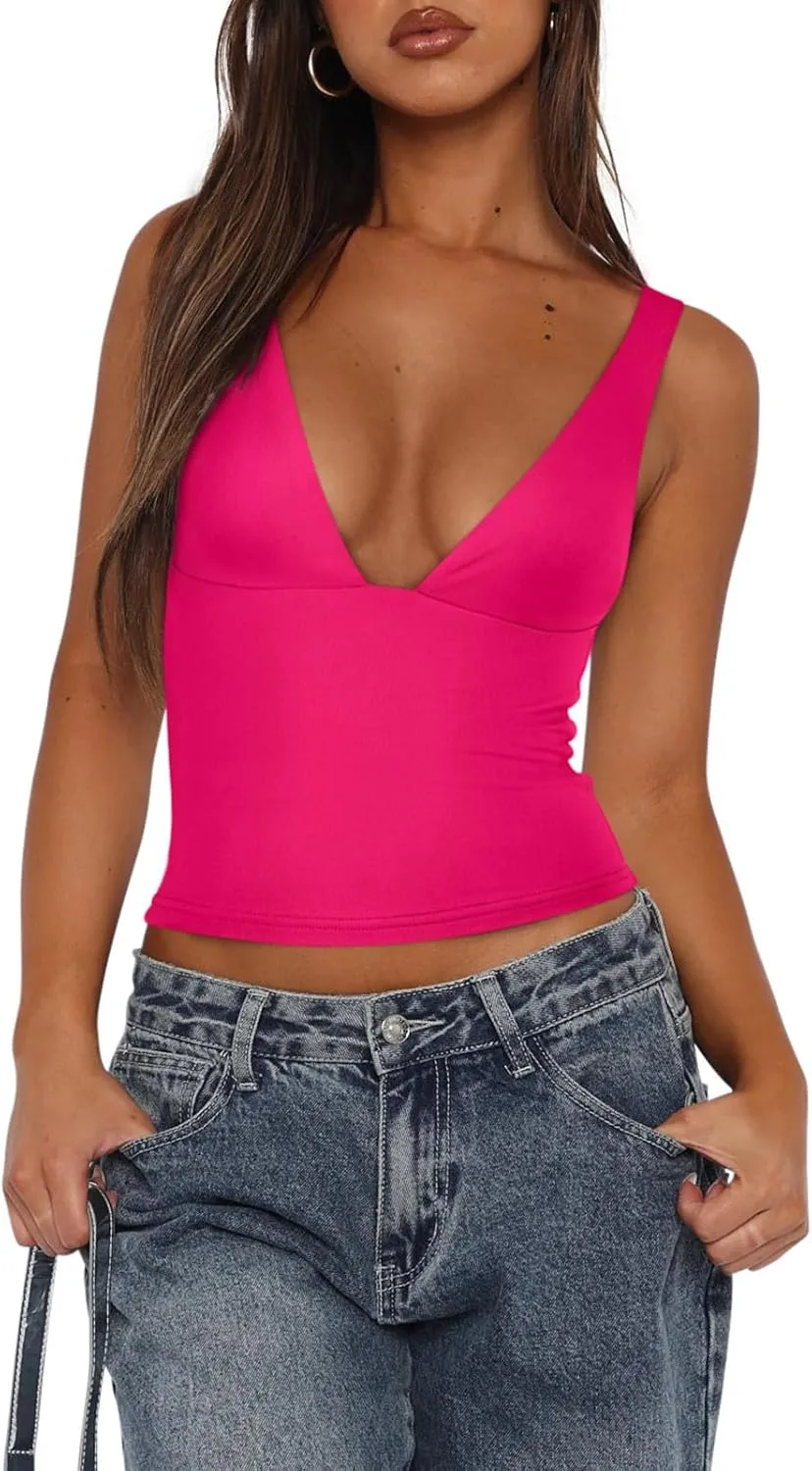 REORIA Women's Sexy Plunge Deep V Neck Sleeveless V Backless Tank Top Workout Yoga Crop Tops