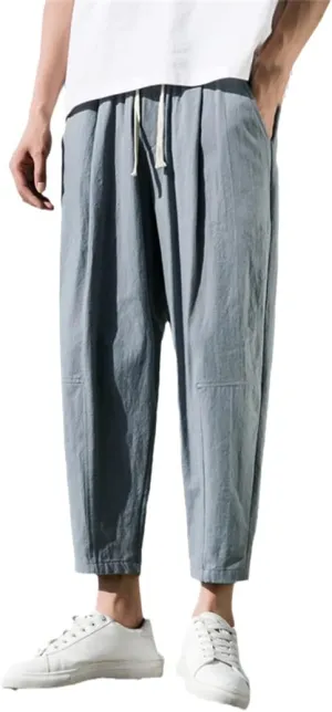 Rfmfkkg Mens Straight Casual Ankle-Length Pants Summer Harem Pants Cotton Linen Trousers Solid Pants
