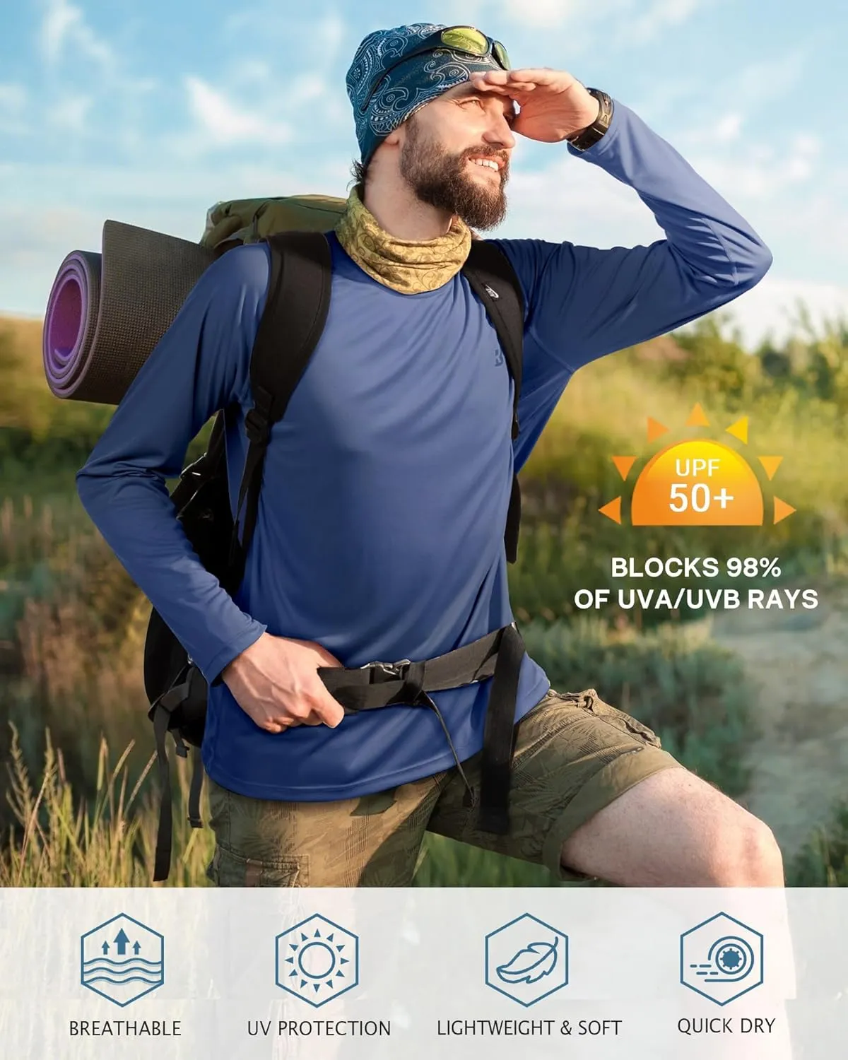 Roadbox Mens UPF 50  UV Sun Protection Shirts Outdoor Long Sleeve SPF Rash Guard for Fishing Hiking Swimming Running