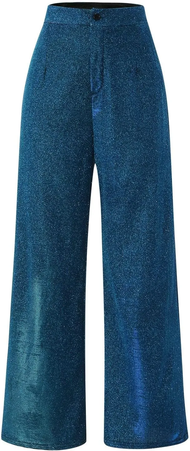 Sequin Pants Women Sparkly Glitter High Waisted Wide Leg Flare Trousers Bell Bottom Night Out Clubwear Party Pants