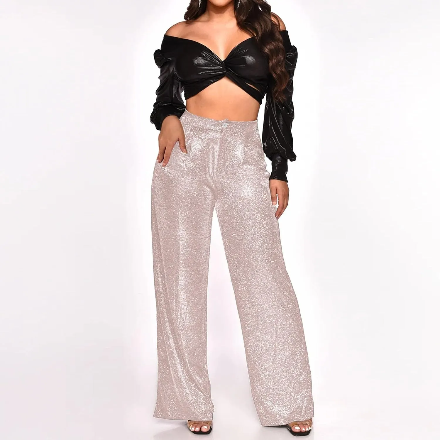 Sequin Pants Women Sparkly Glitter High Waisted Wide Leg Flare Trousers Bell Bottom Night Out Clubwear Party Pants