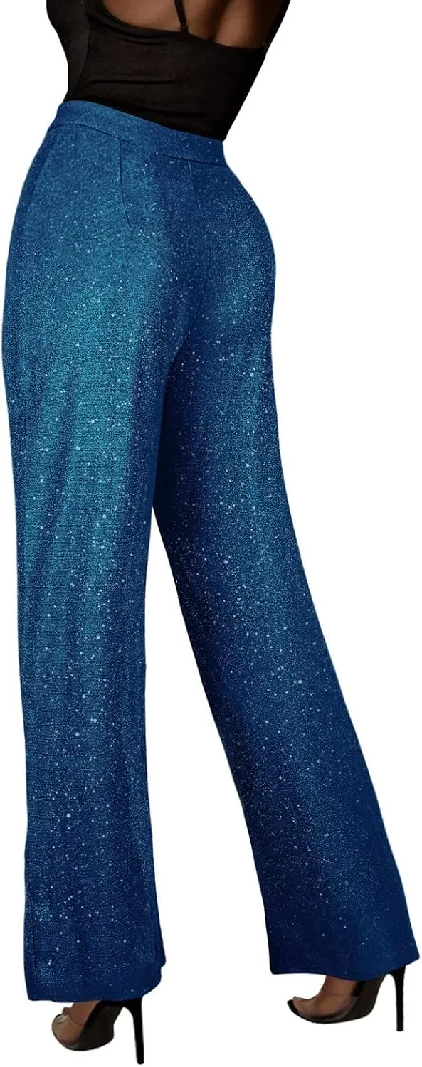 Sequin Pants Women Sparkly Glitter High Waisted Wide Leg Flare Trousers Bell Bottom Night Out Clubwear Party Pants
