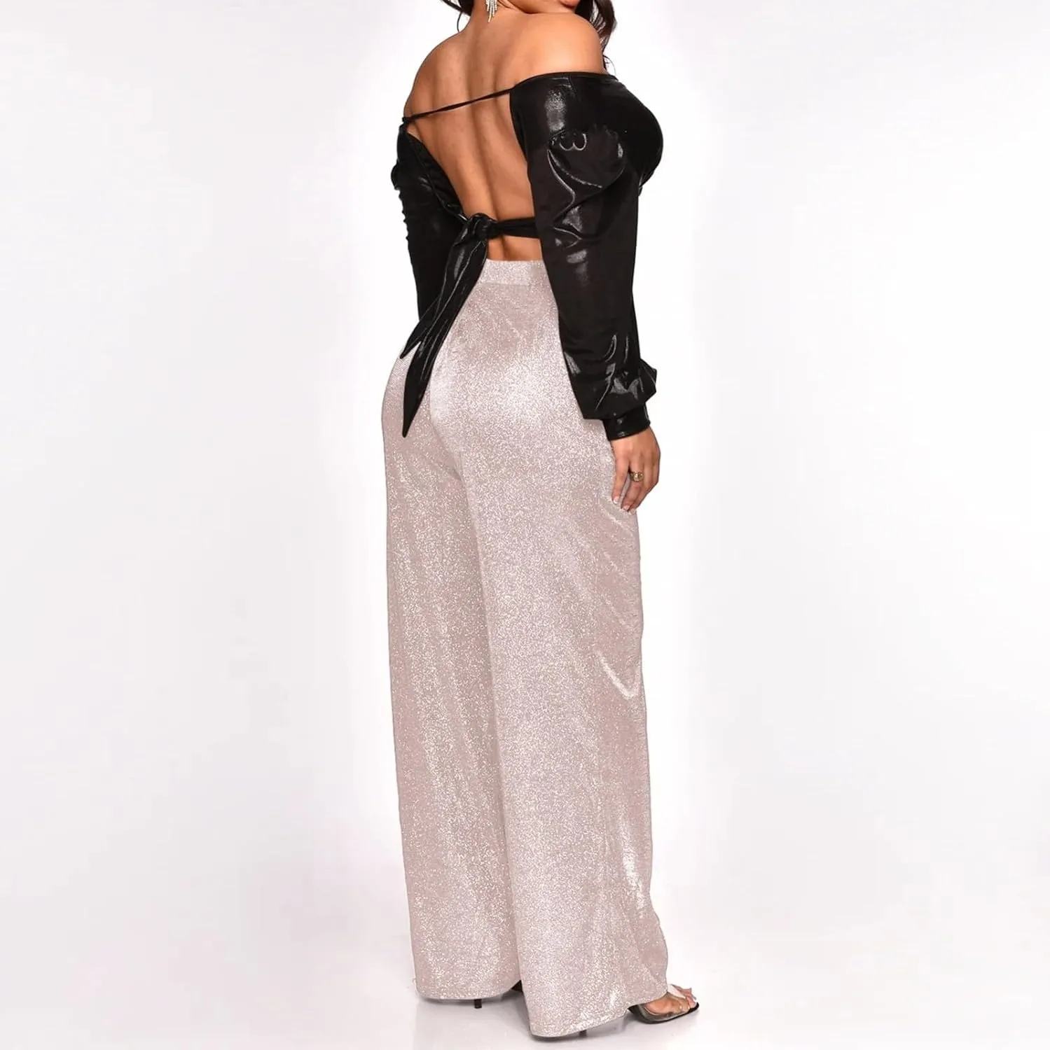 Sequin Pants Women Sparkly Glitter High Waisted Wide Leg Flare Trousers Bell Bottom Night Out Clubwear Party Pants