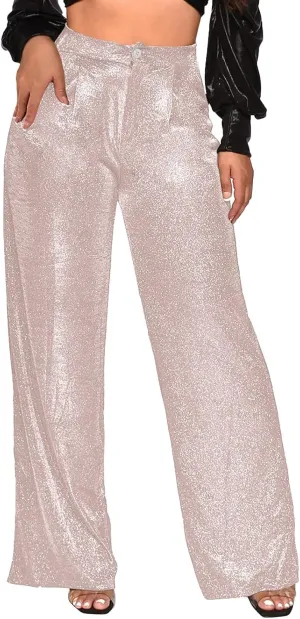 Sequin Pants Women Sparkly Glitter High Waisted Wide Leg Flare Trousers Bell Bottom Night Out Clubwear Party Pants