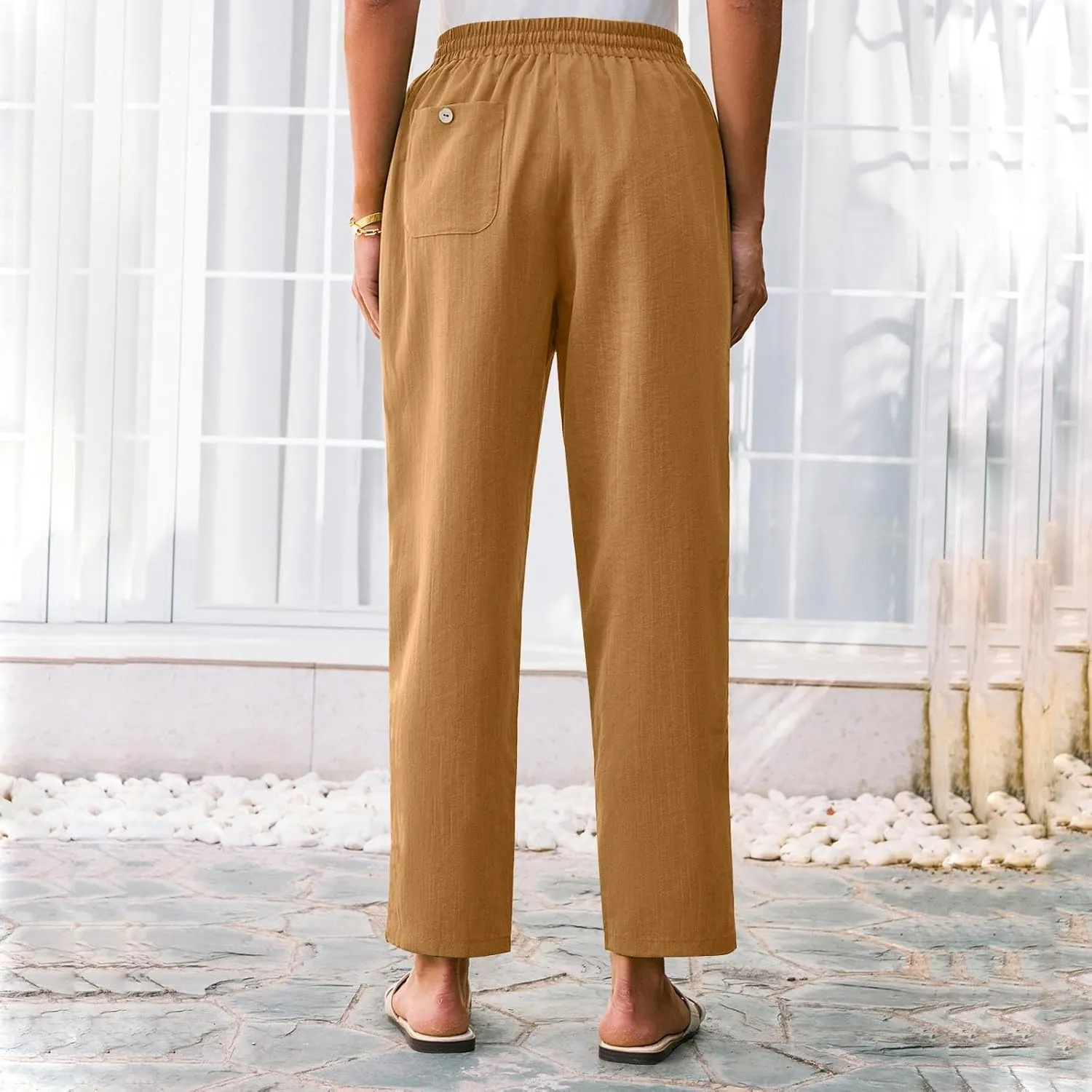 SGASY Women's Cotton Linen Straight Leg Pants Elastic Drawstring Casual Trousers with Pockets Summer Beach Lounge Trouser