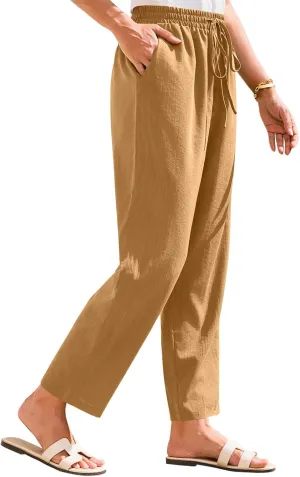SGASY Women's Cotton Linen Straight Leg Pants Elastic Drawstring Casual Trousers with Pockets Summer Beach Lounge Trouser