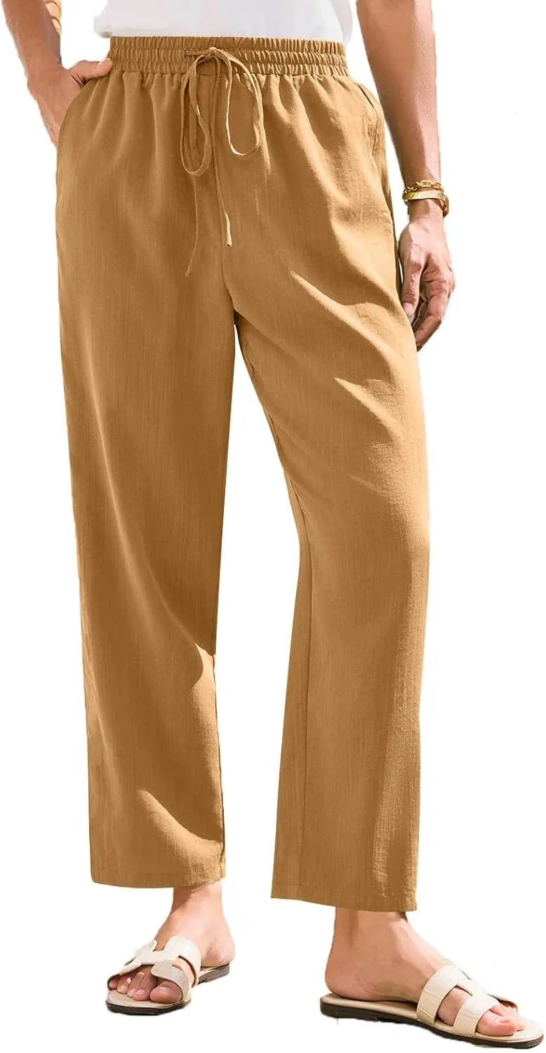 SGASY Women's Cotton Linen Straight Leg Pants Elastic Drawstring Casual Trousers with Pockets Summer Beach Lounge Trouser