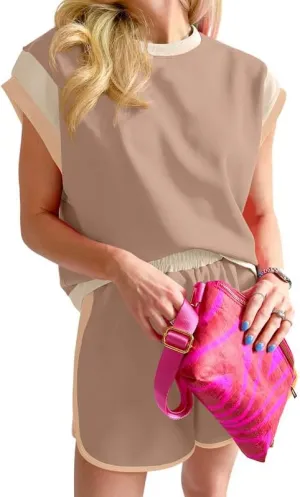 SHEWIN Women's Two Piece Lounge Sets Casual Short Sleeve Pullover Tops Matching Shorts Loungewear Tracksuit Set