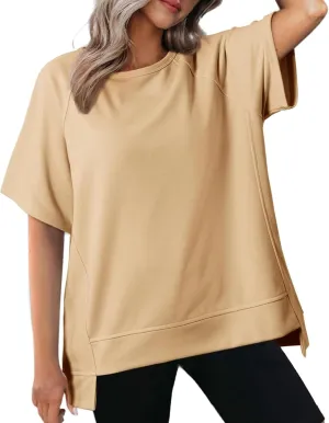 Short Sleeve Sweatshirt Women 2024 Oversized T Shirts Crewneck Casual Summer Tops Lightweight Loose High Low Blouse