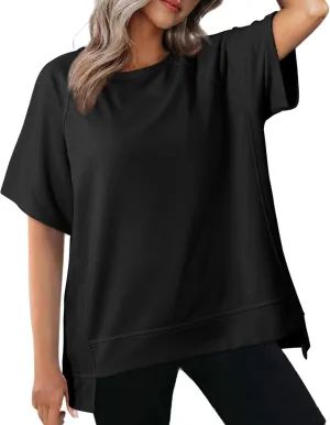 Short Sleeve Sweatshirt Women 2024 Oversized T Shirts Crewneck Casual Summer Tops Lightweight Loose High Low Blouse