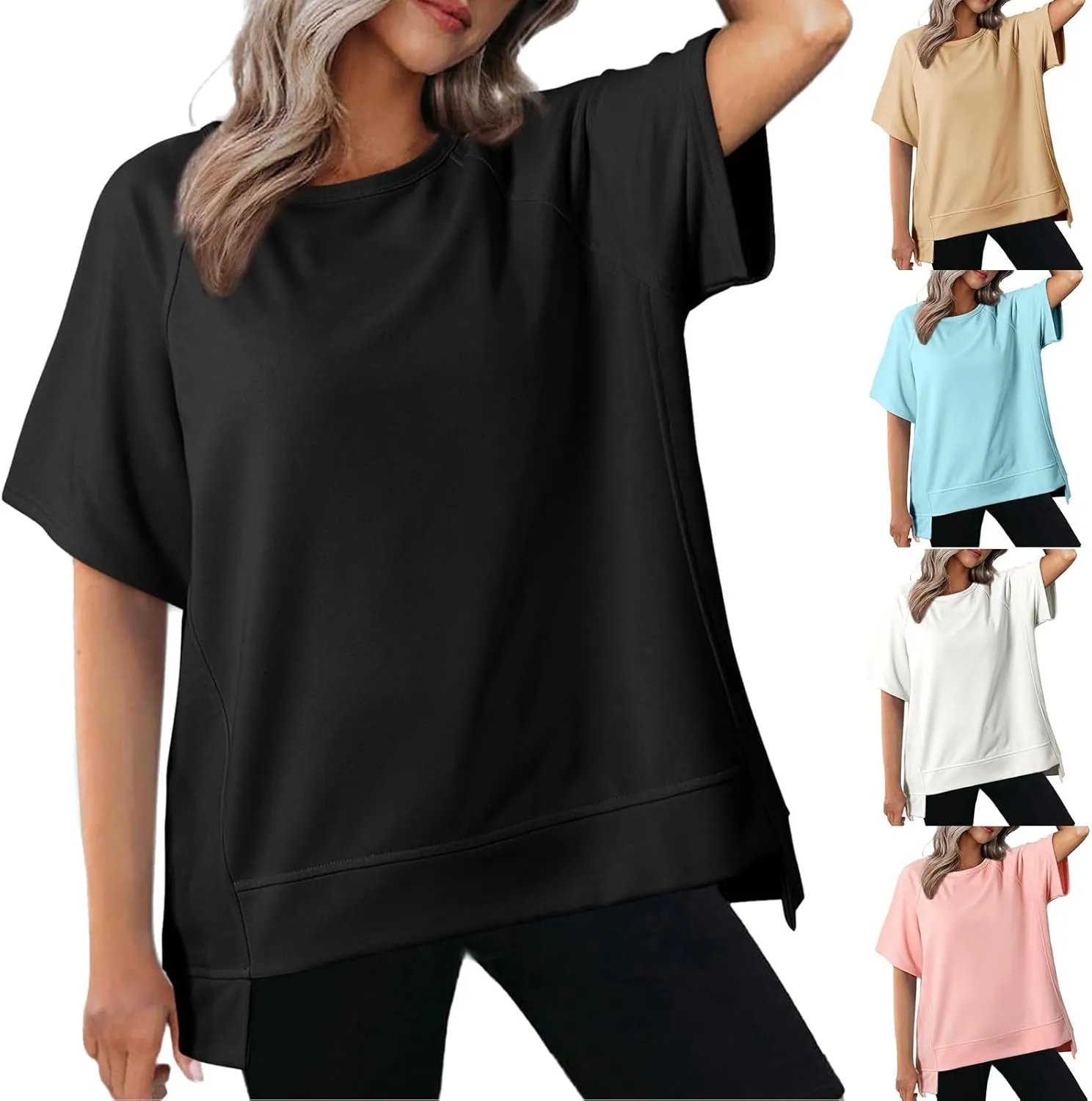 Short Sleeve Sweatshirt Women 2024 Oversized T Shirts Crewneck Casual Summer Tops Lightweight Loose High Low Blouse