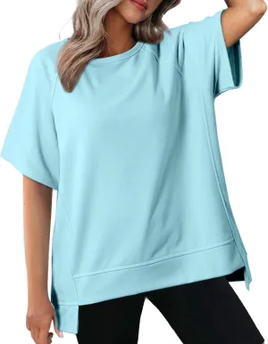 Short Sleeve Sweatshirt Women 2024 Oversized T Shirts Crewneck Casual Summer Tops Lightweight Loose High Low Blouse