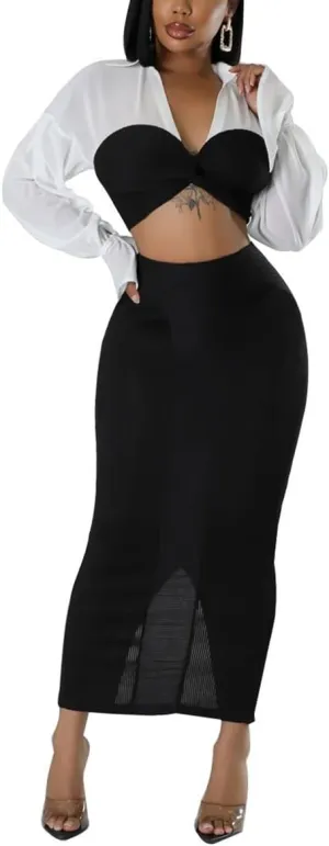 Skirt Sets Women 2 Piece Outfits Color Block Cropped Tshirt High Waisted Split Pencil Skirt Business Casual Outfits