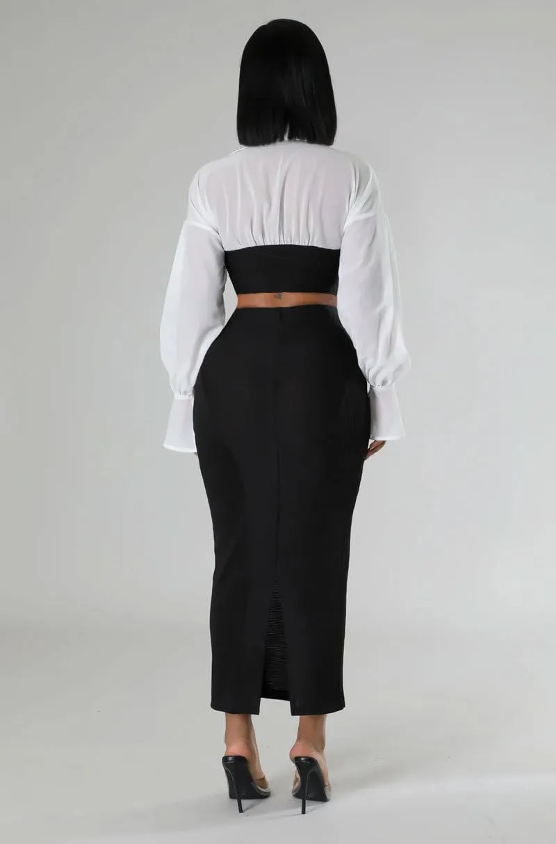 Skirt Sets Women 2 Piece Outfits Color Block Cropped Tshirt High Waisted Split Pencil Skirt Business Casual Outfits