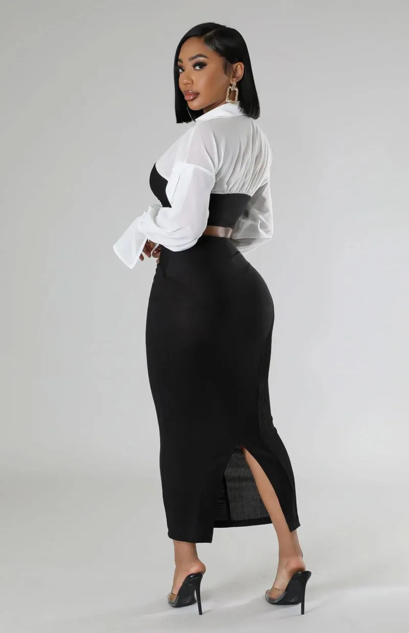 Skirt Sets Women 2 Piece Outfits Color Block Cropped Tshirt High Waisted Split Pencil Skirt Business Casual Outfits