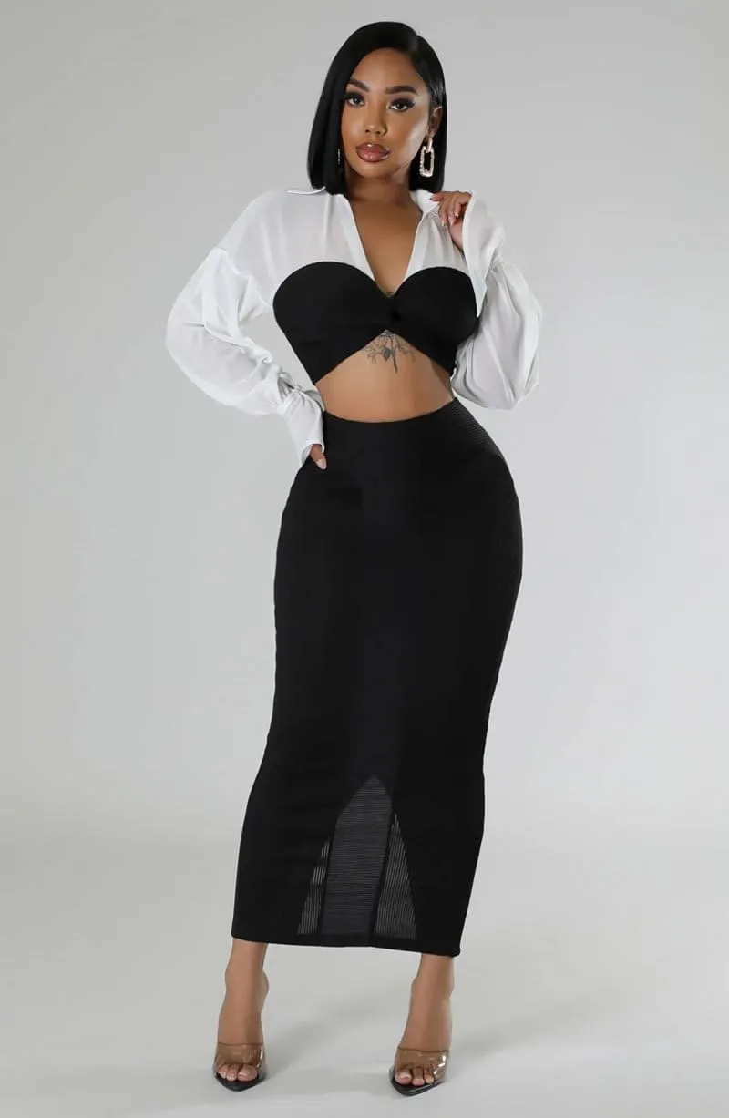 Skirt Sets Women 2 Piece Outfits Color Block Cropped Tshirt High Waisted Split Pencil Skirt Business Casual Outfits
