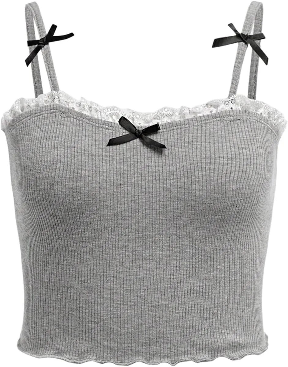 SOLY HUX Girl's Lace Trim Bowknot Cute Camisole Spaghetti Strap Fitted Crop Tops Coquette Aesthetic Clothes