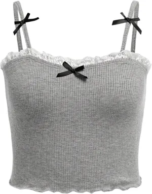 SOLY HUX Girl's Lace Trim Bowknot Cute Camisole Spaghetti Strap Fitted Crop Tops Coquette Aesthetic Clothes