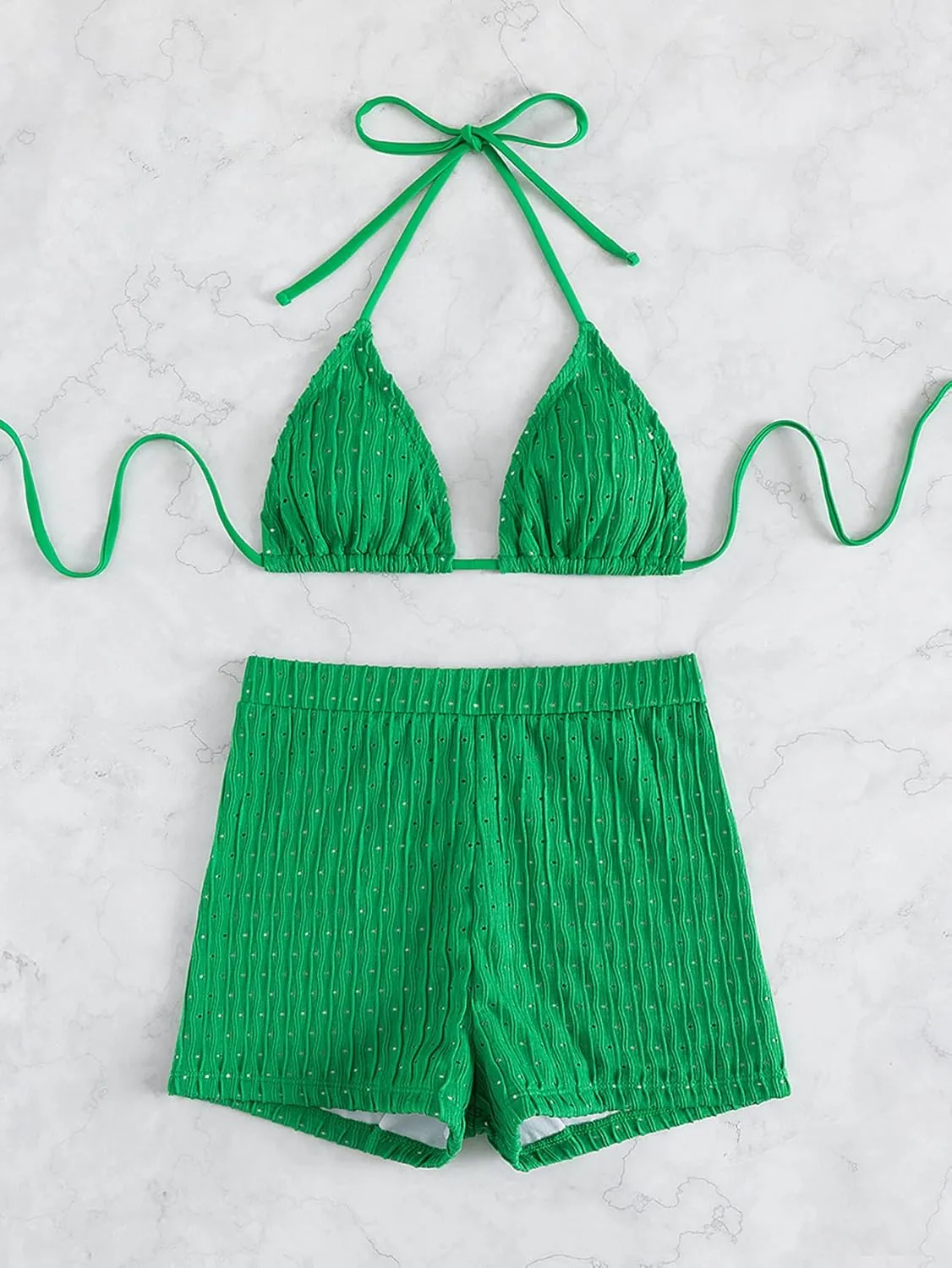 SOLY HUX Women's 2 Piece Swimsuits Halter Triangle Top with Shorts Bikini Set Bathing Suits