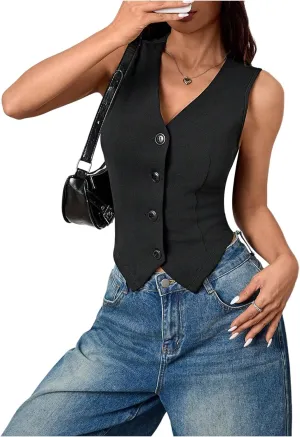 SOLY HUX Women's Blazer Vest Button Front V Neck Sleeveless Asymmetrical Hem Tank Tops
