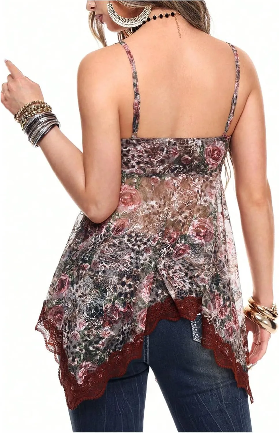 SOLY HUX Women's Lace Leopard Print Flowy Camisole Top Scoop Neck Spaghetti Strap Sheer Asymmetrical Tops
